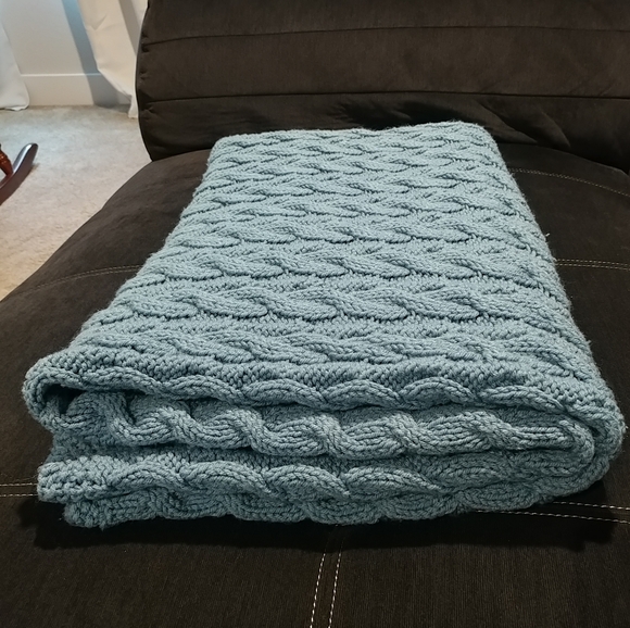 Vintage Hand Knit Blanket Crochet Cable Knit Blanket Large 61"×57" Blue Handmade - Picture 12 of 16
